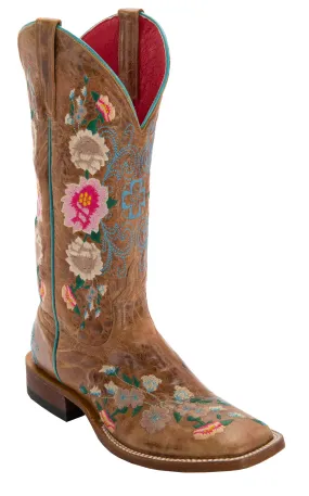 Anderson Bean Women's Macie Bean Antiqued Honey Brown with Rose Garden Embroidery Square Toe Cowboy Boots