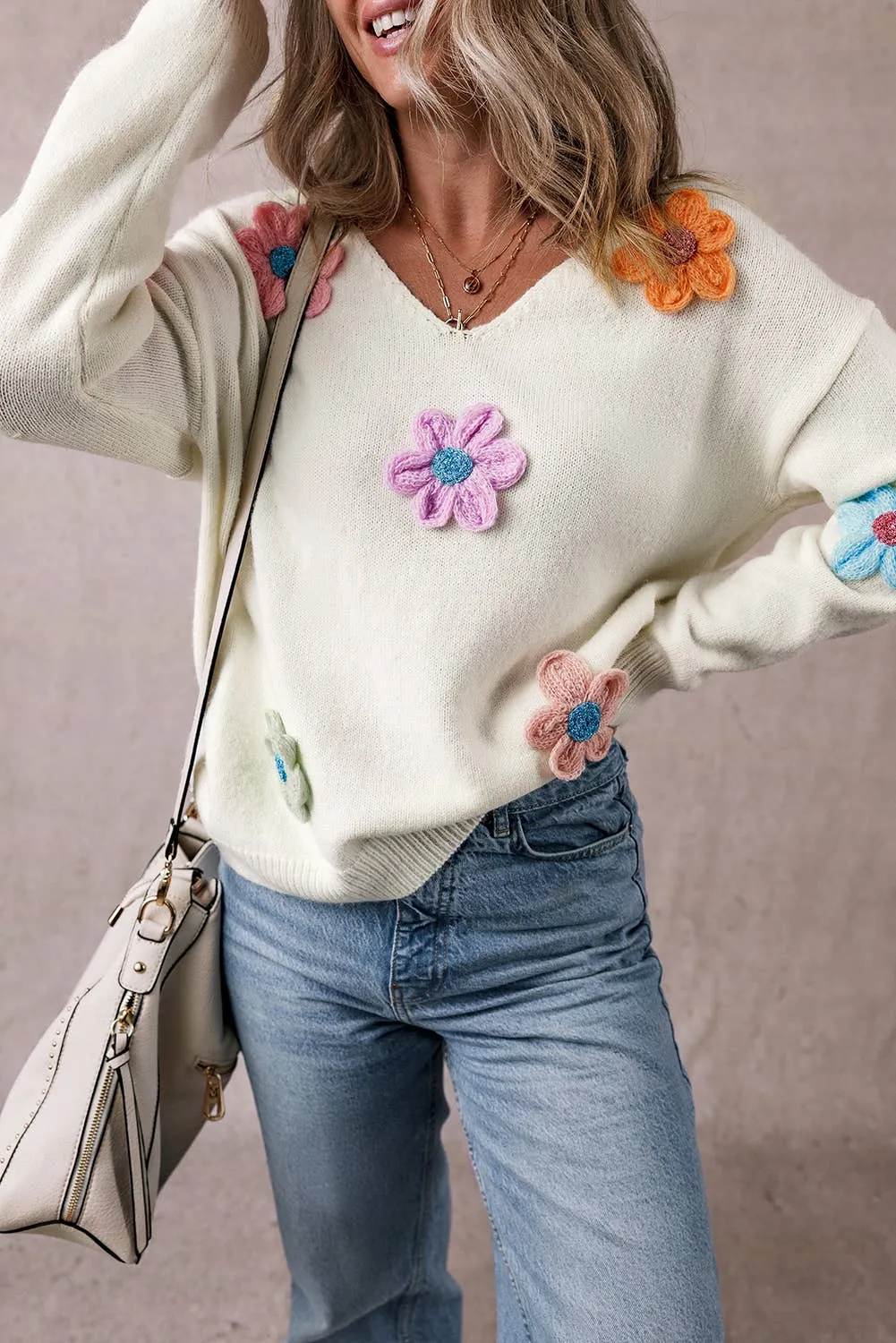 Beautiful Flower Detail Fuzzy V Neck Sweater