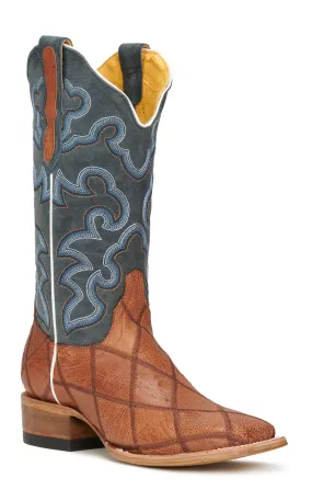 Cavender's Women's Blue and Antique Cognac Smooth Ostrich Patchwork Square Toe Exotic Cowboy Boots