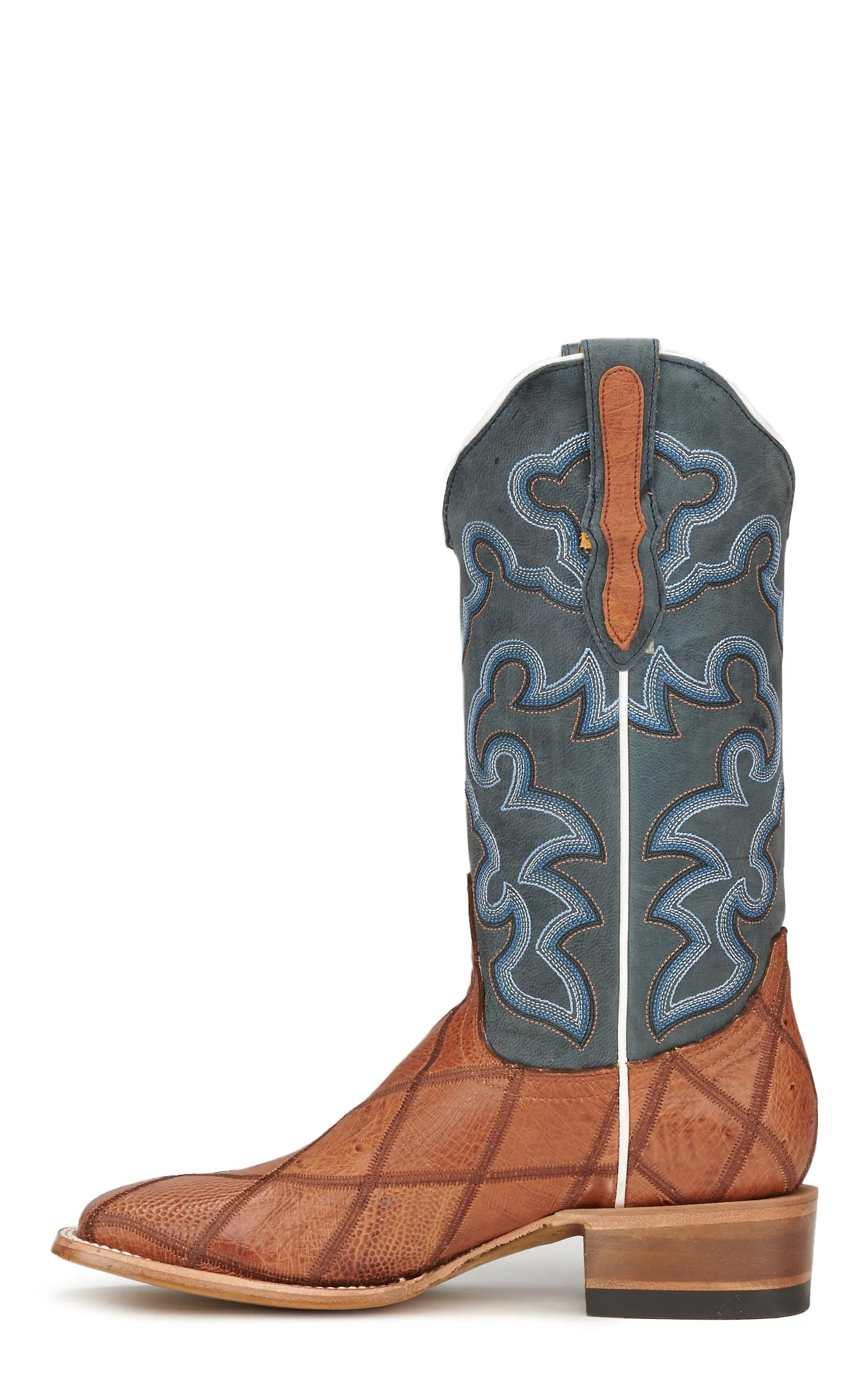 Cavender's Women's Blue and Antique Cognac Smooth Ostrich Patchwork Square Toe Exotic Cowboy Boots