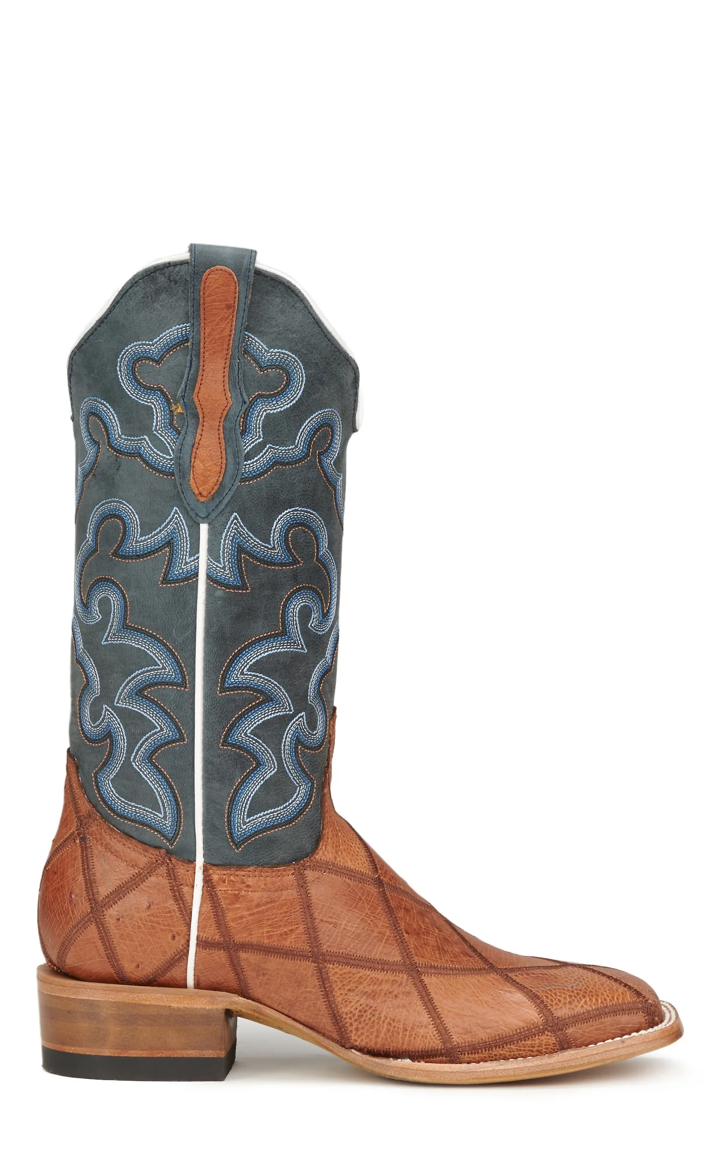 Cavender's Women's Blue and Antique Cognac Smooth Ostrich Patchwork Square Toe Exotic Cowboy Boots