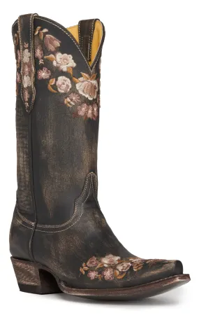 Cavender's Women's Rustic Black with Floral Embroidery Snip Toe Cowboy Boots