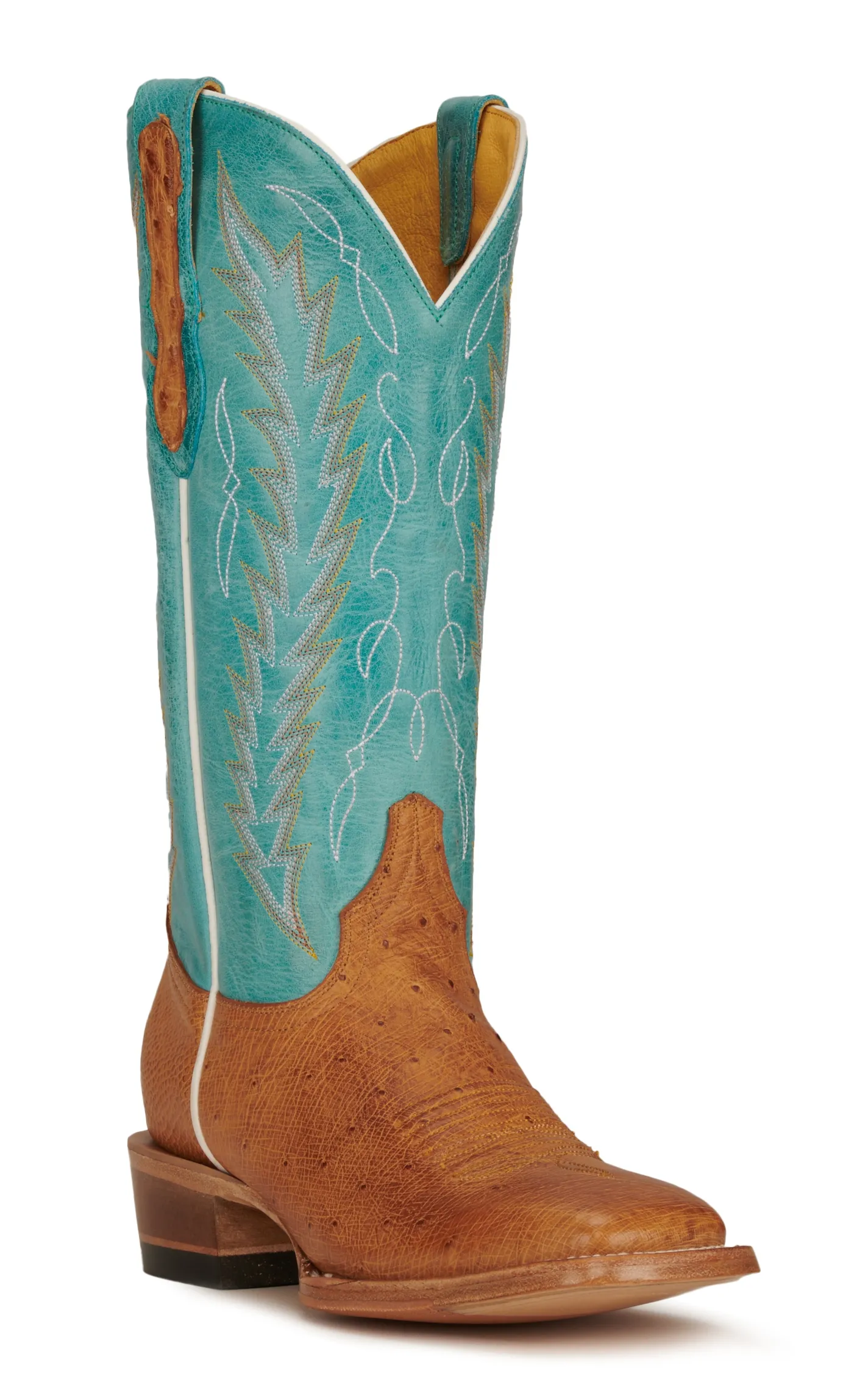 Cavender's Women's Turquoise and Straw Smooth Quill Ostrich Square Toe Exotic Cowboy Boots