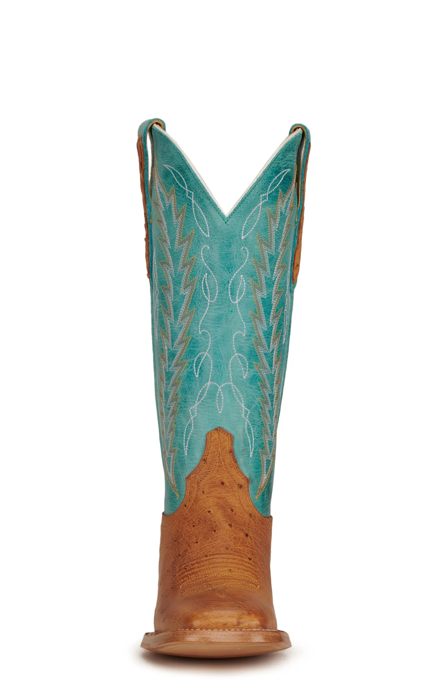 Cavender's Women's Turquoise and Straw Smooth Quill Ostrich Square Toe Exotic Cowboy Boots