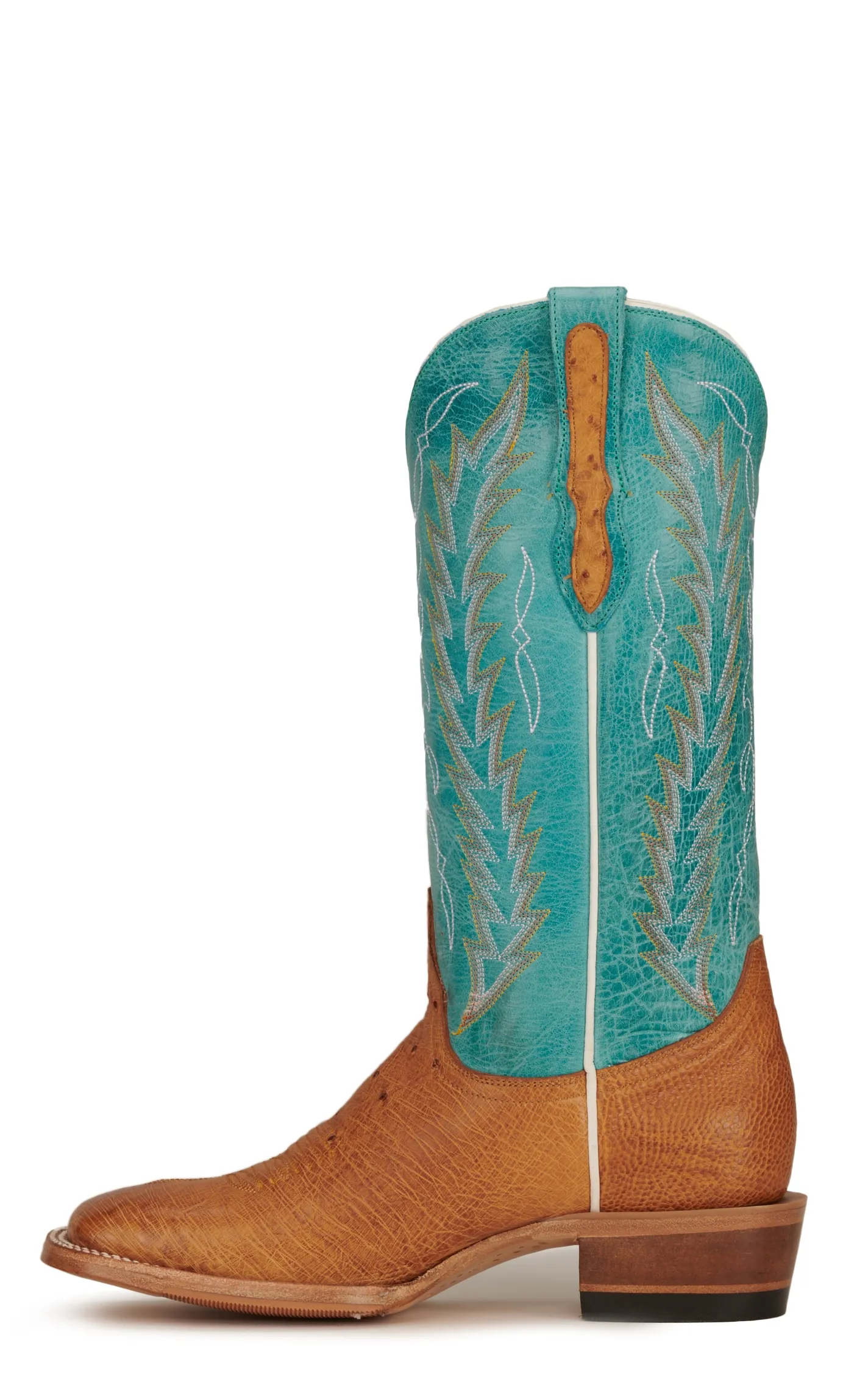 Cavender's Women's Turquoise and Straw Smooth Quill Ostrich Square Toe Exotic Cowboy Boots