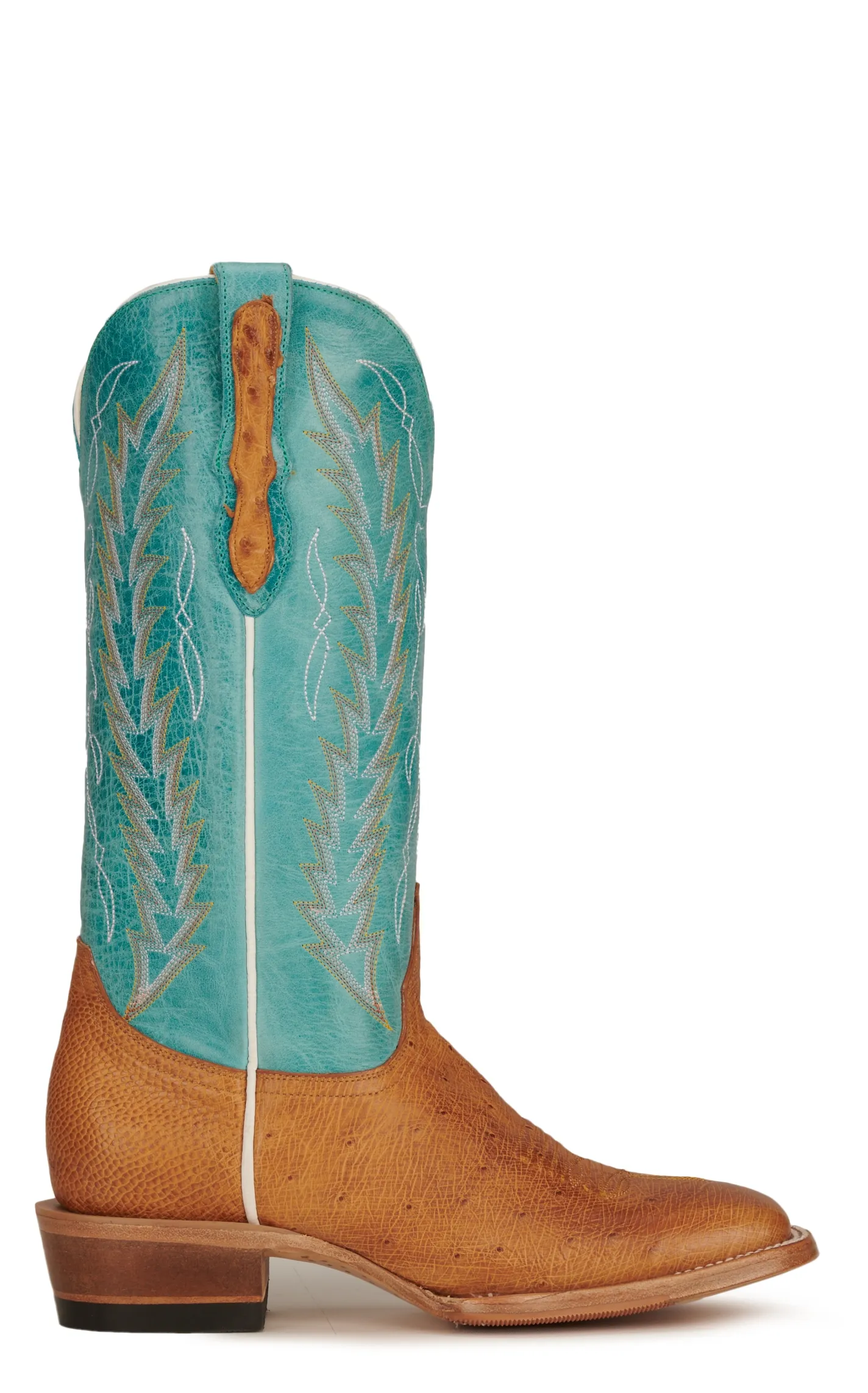 Cavender's Women's Turquoise and Straw Smooth Quill Ostrich Square Toe Exotic Cowboy Boots