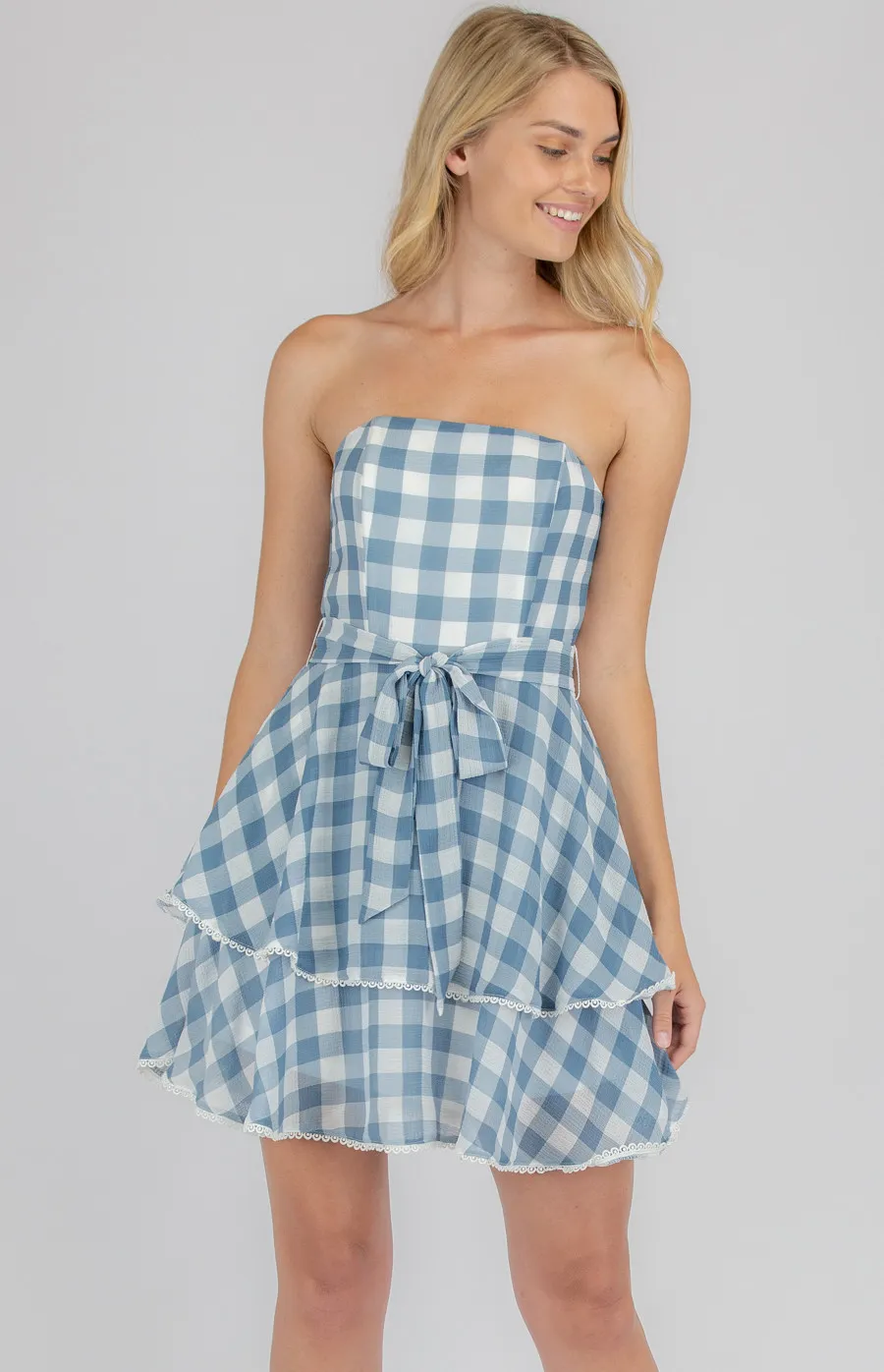 Checkered Chiffon Dress with Layered Hem (SDR700A)