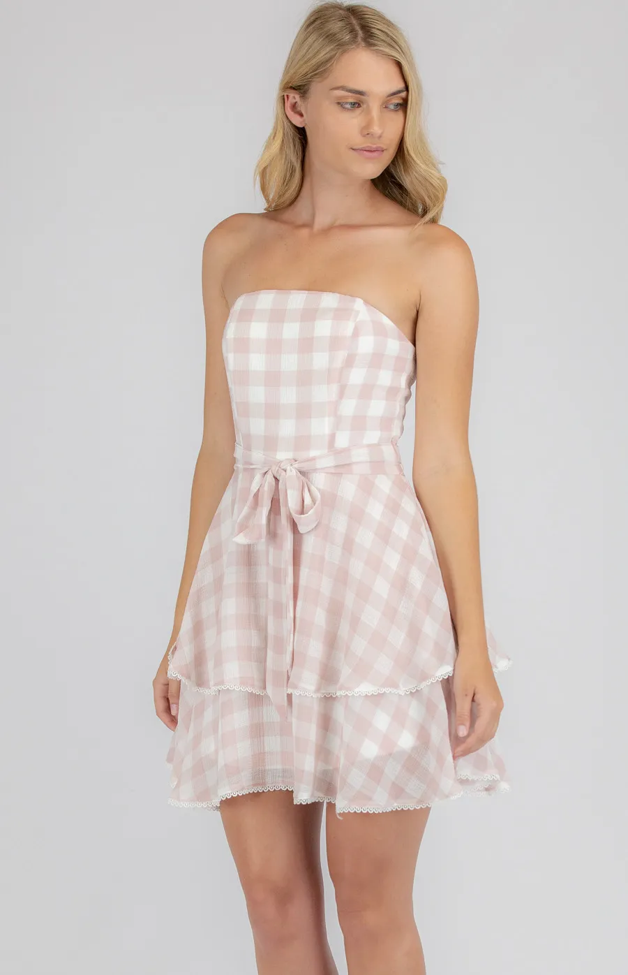 Checkered Chiffon Dress with Layered Hem (SDR700A)