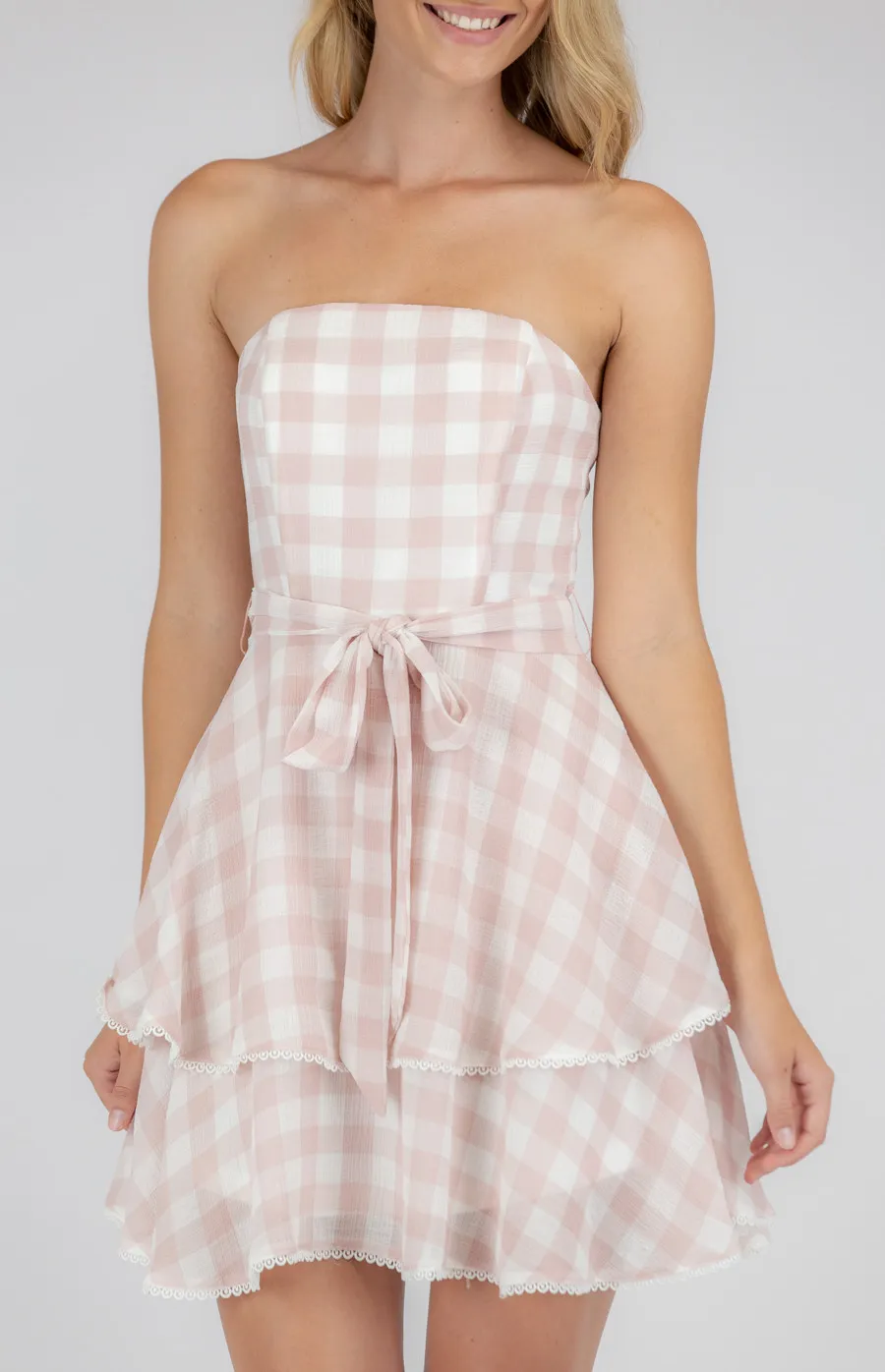 Checkered Chiffon Dress with Layered Hem (SDR700A)