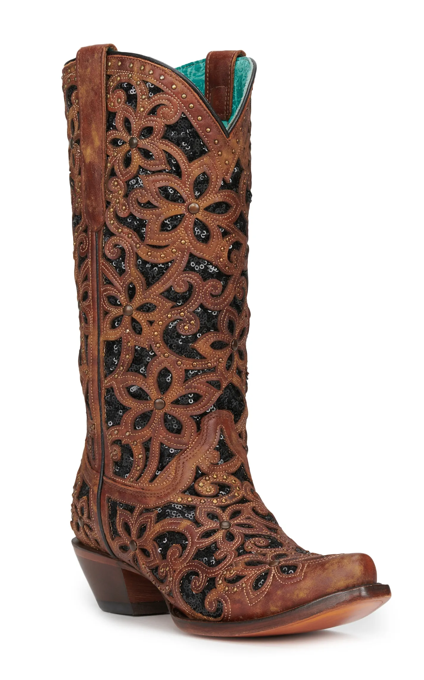 Corral Women's Brown Floral Overlay and Black Sequin Inlay Snip Toe Cowboy Boots