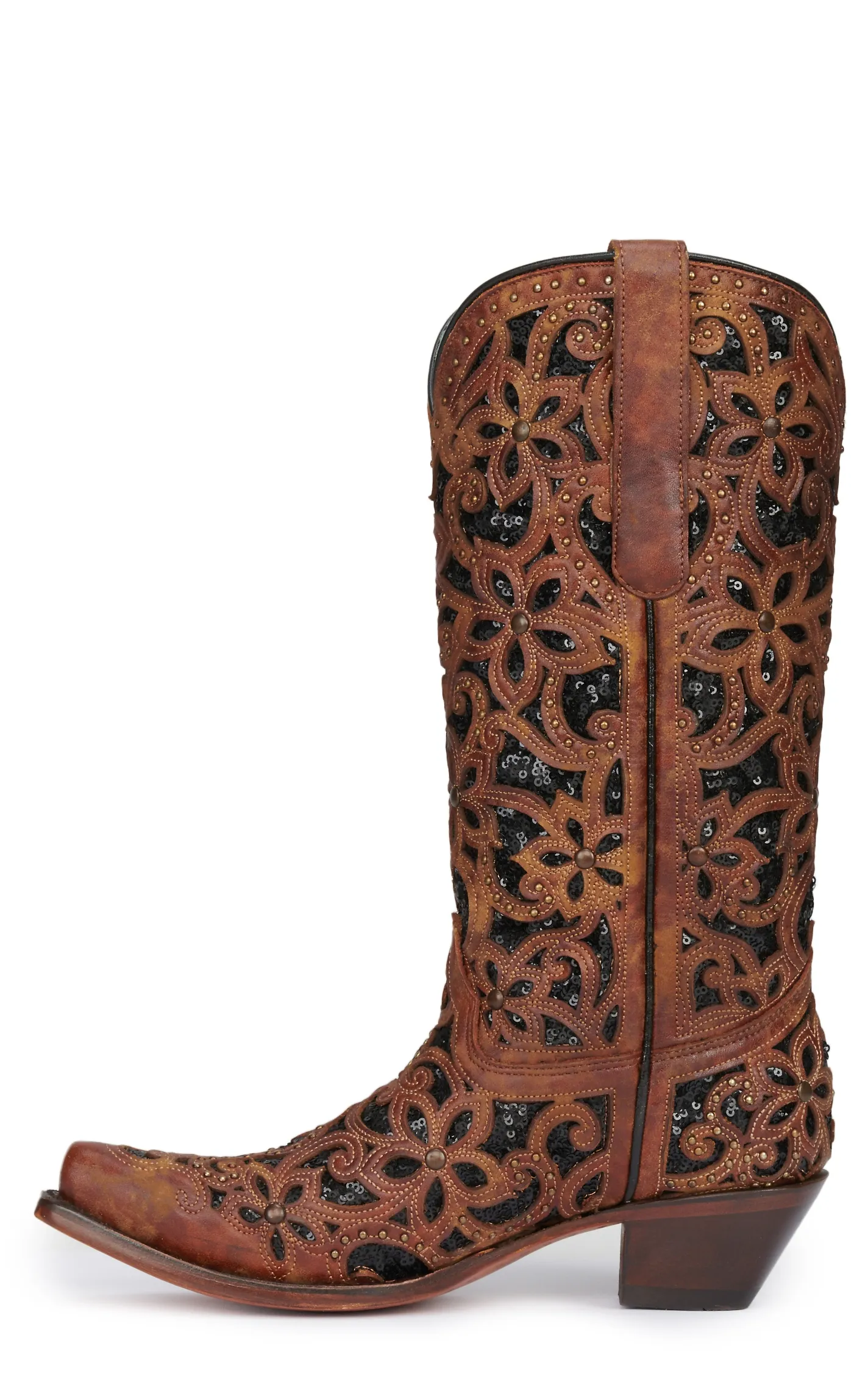 Corral Women's Brown Floral Overlay and Black Sequin Inlay Snip Toe Cowboy Boots