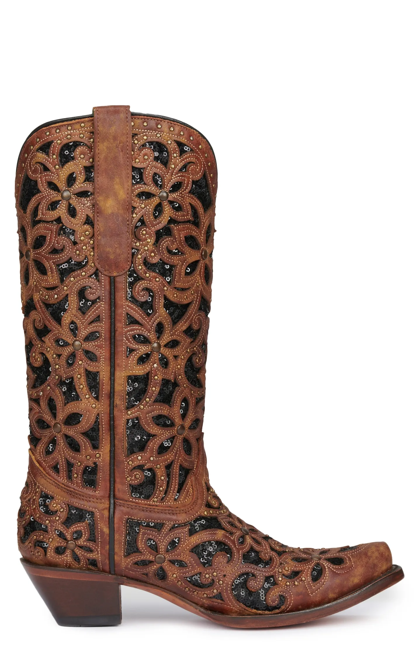 Corral Women's Brown Floral Overlay and Black Sequin Inlay Snip Toe Cowboy Boots