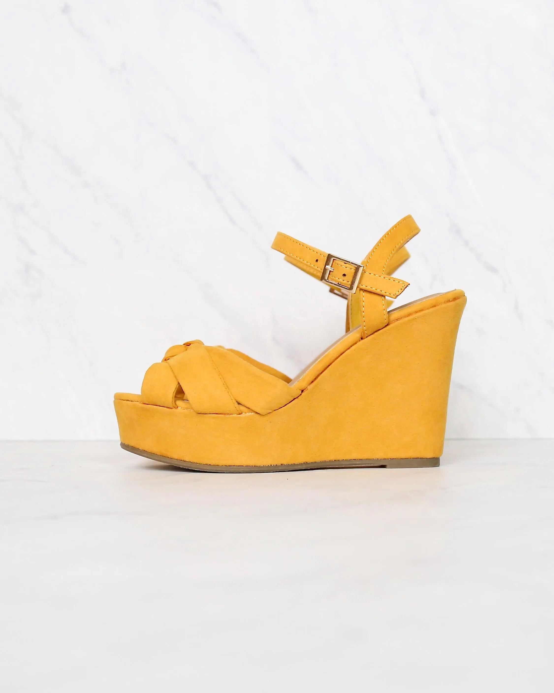 Doing Fine Knotted Single Band Platform Heel Sandal in Mustard Suede