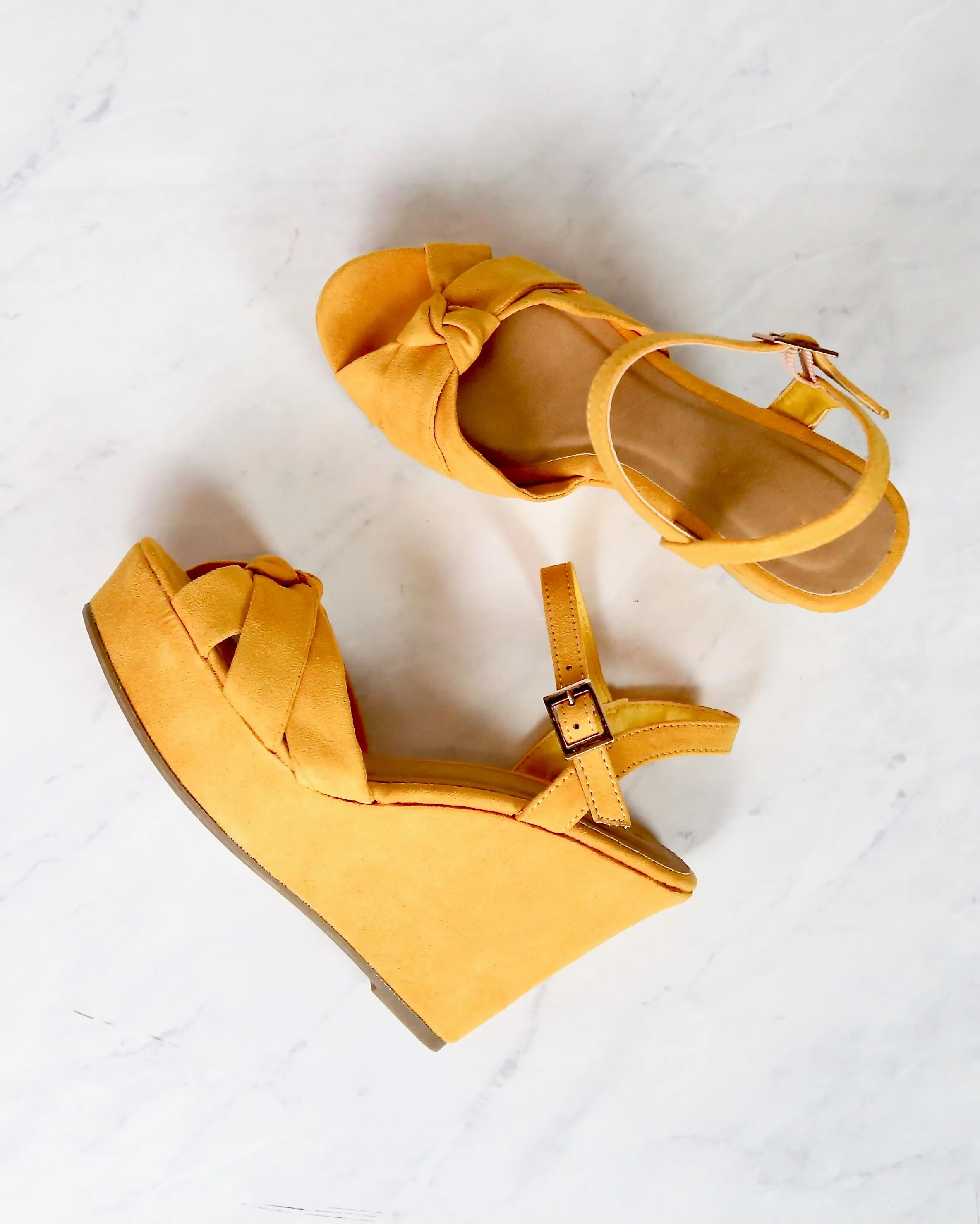 Doing Fine Knotted Single Band Platform Heel Sandal in Mustard Suede