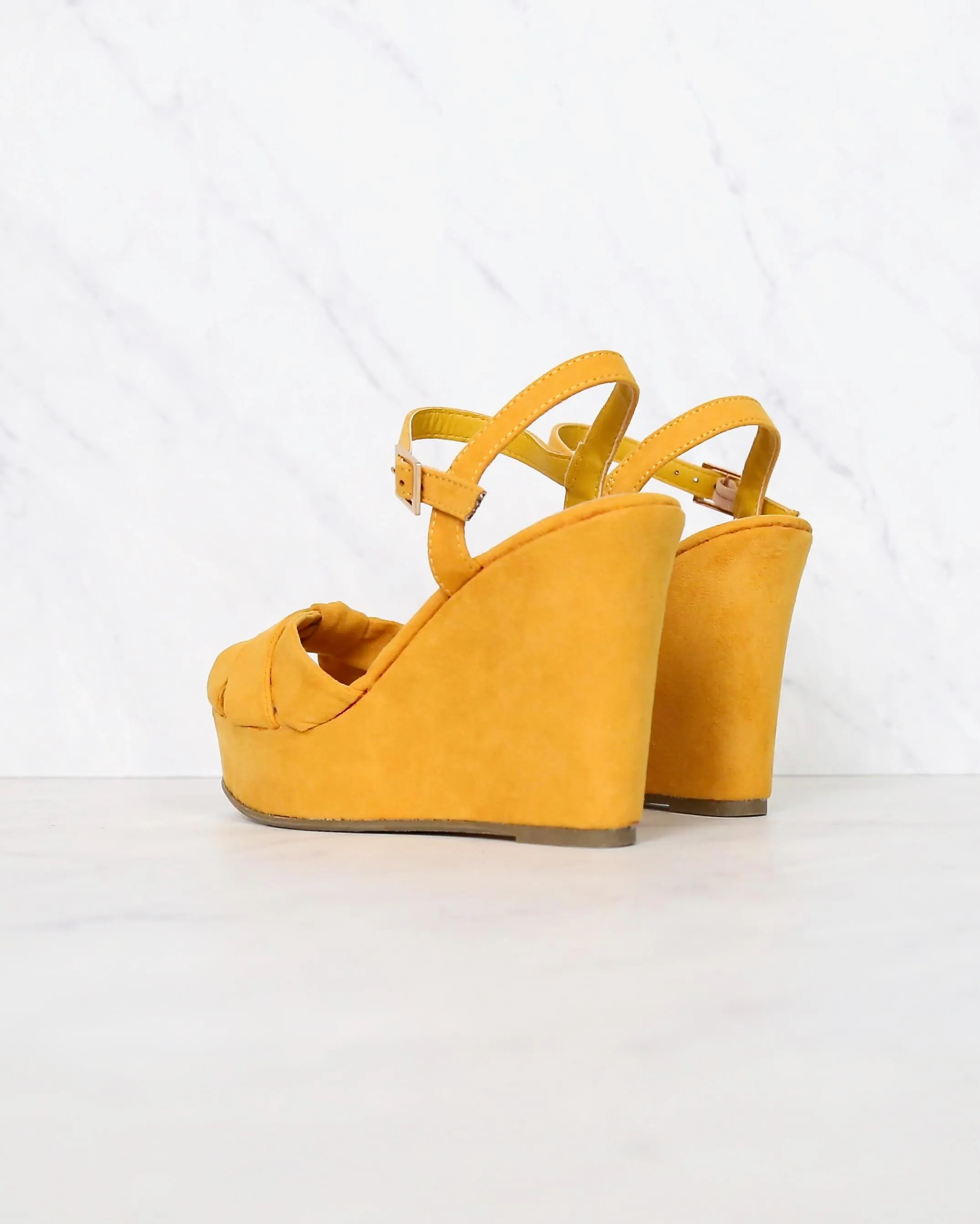 Doing Fine Knotted Single Band Platform Heel Sandal in Mustard Suede