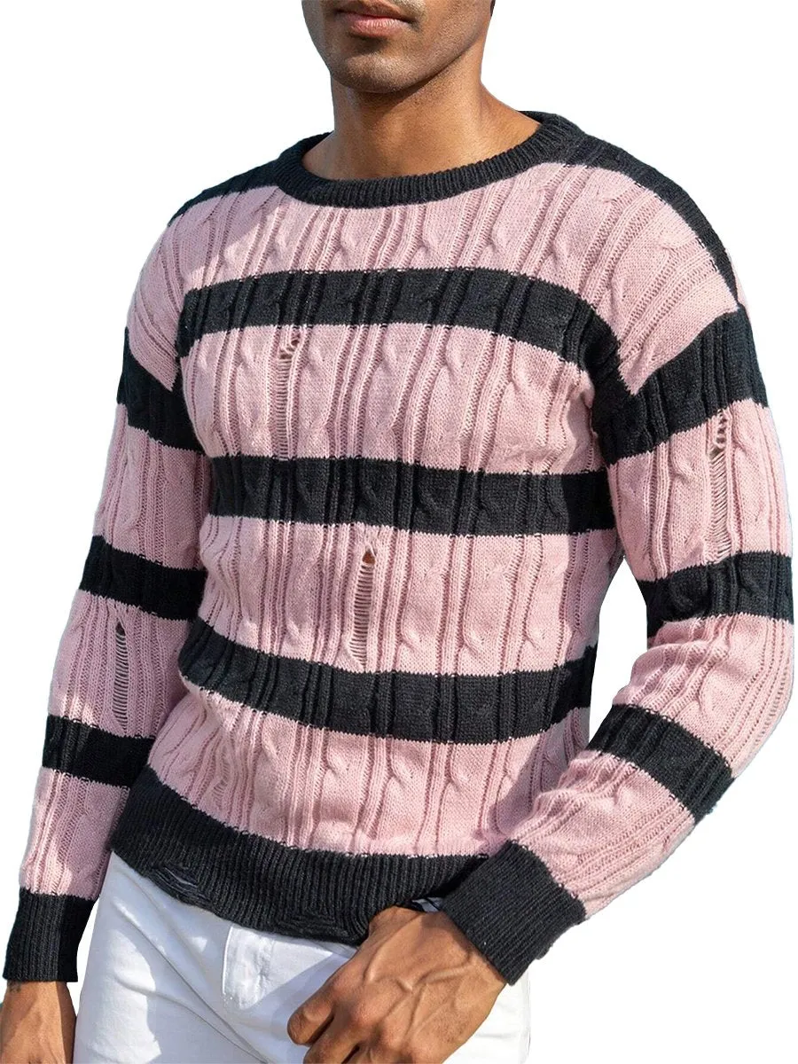 Fashion Striped Irregular Hole Round Neck Sweater