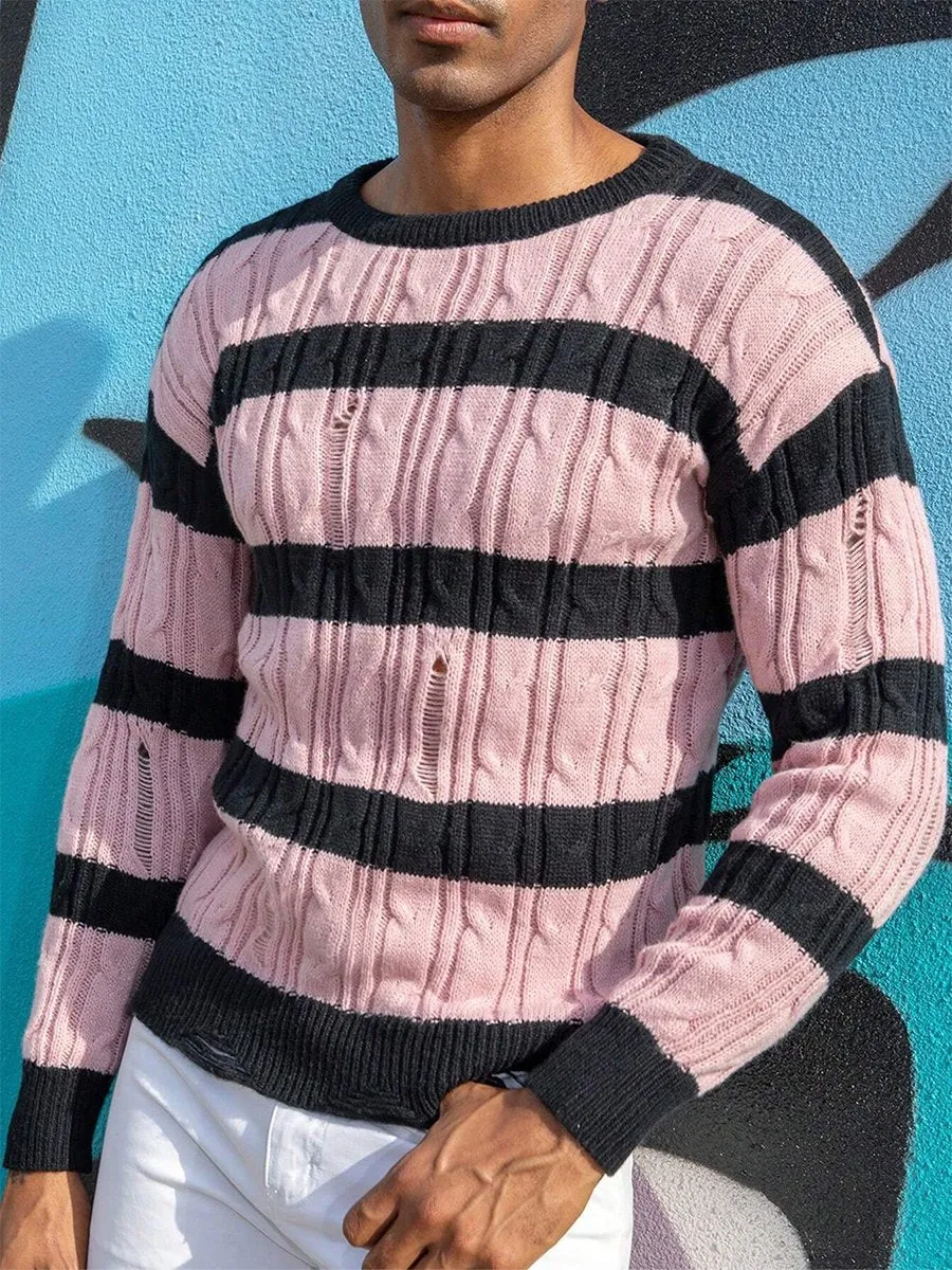 Fashion Striped Irregular Hole Round Neck Sweater