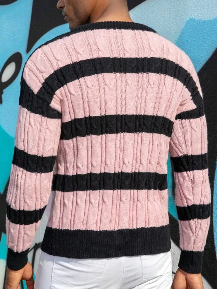 Fashion Striped Irregular Hole Round Neck Sweater