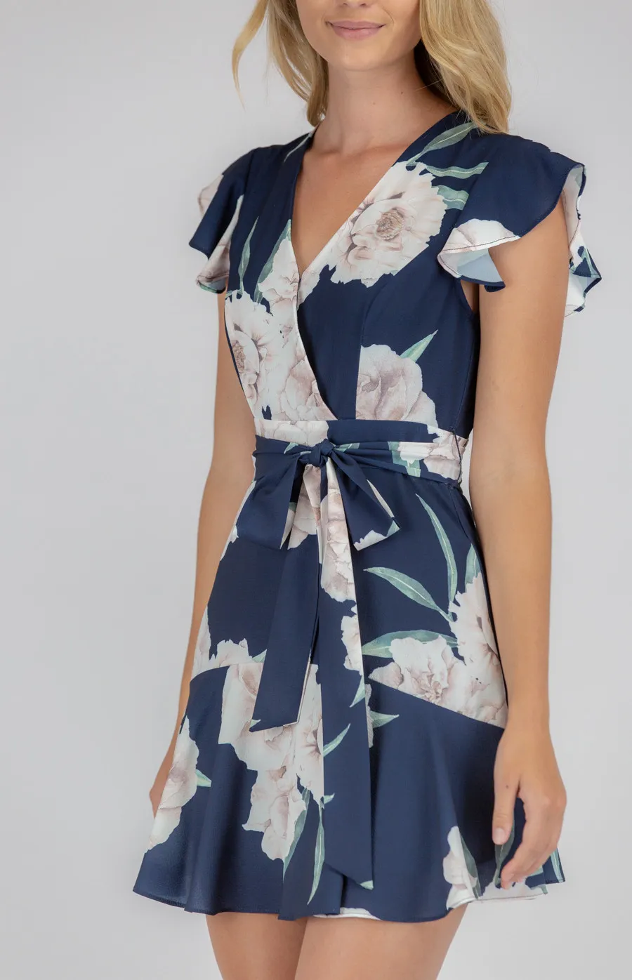 Floral Cross Front Dress with Frill Hem (SDR675B)