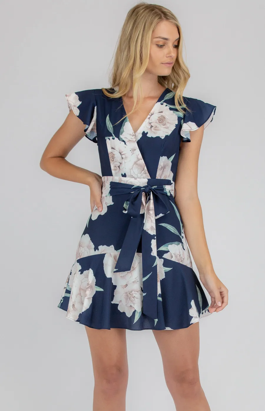 Floral Cross Front Dress with Frill Hem (SDR675B)