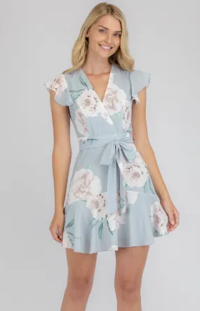 Floral Cross Front Dress with Frill Hem (SDR675B)