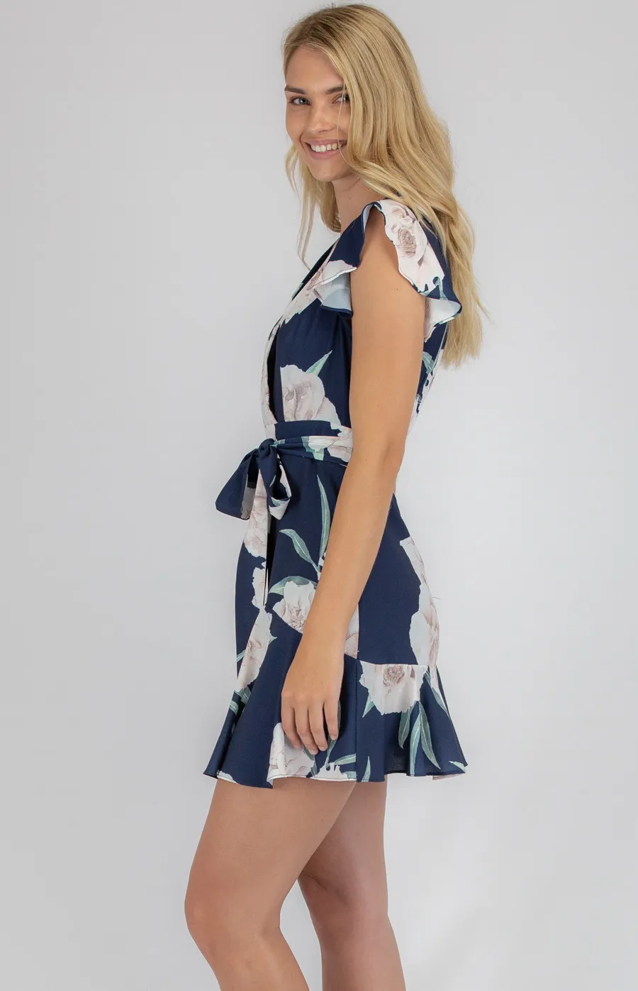 Floral Cross Front Dress with Frill Hem (SDR675B)