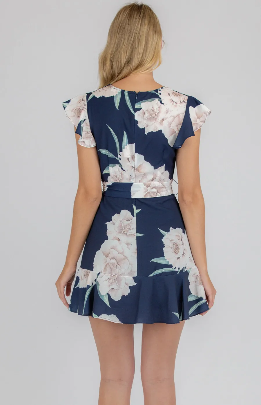 Floral Cross Front Dress with Frill Hem (SDR675B)