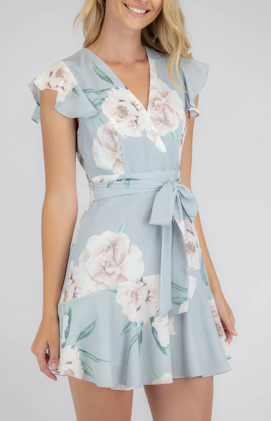 Floral Cross Front Dress with Frill Hem (SDR675B)