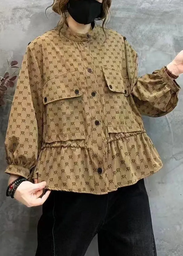 French Khaki Print Pockets Cotton Coat Long Sleeve