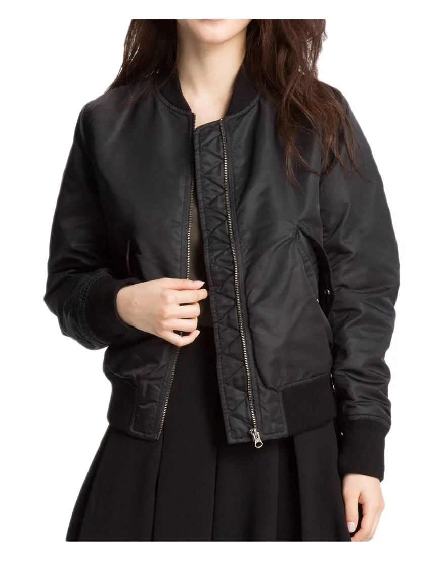 Front Zipper Satin Women's Black Bomber Jacket - UJackets