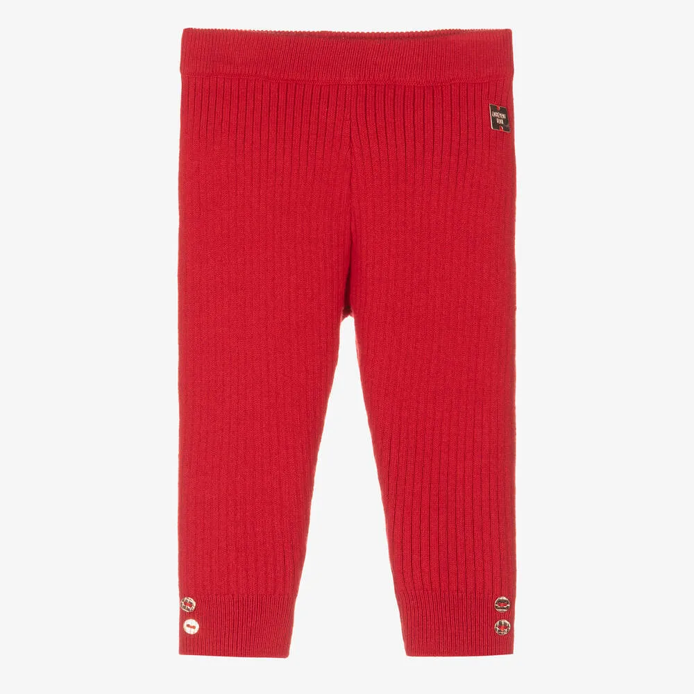 Girls Red Cotton Ribbed Knit Leggings