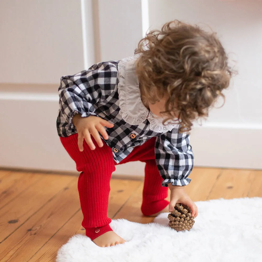 Girls Red Cotton Ribbed Knit Leggings