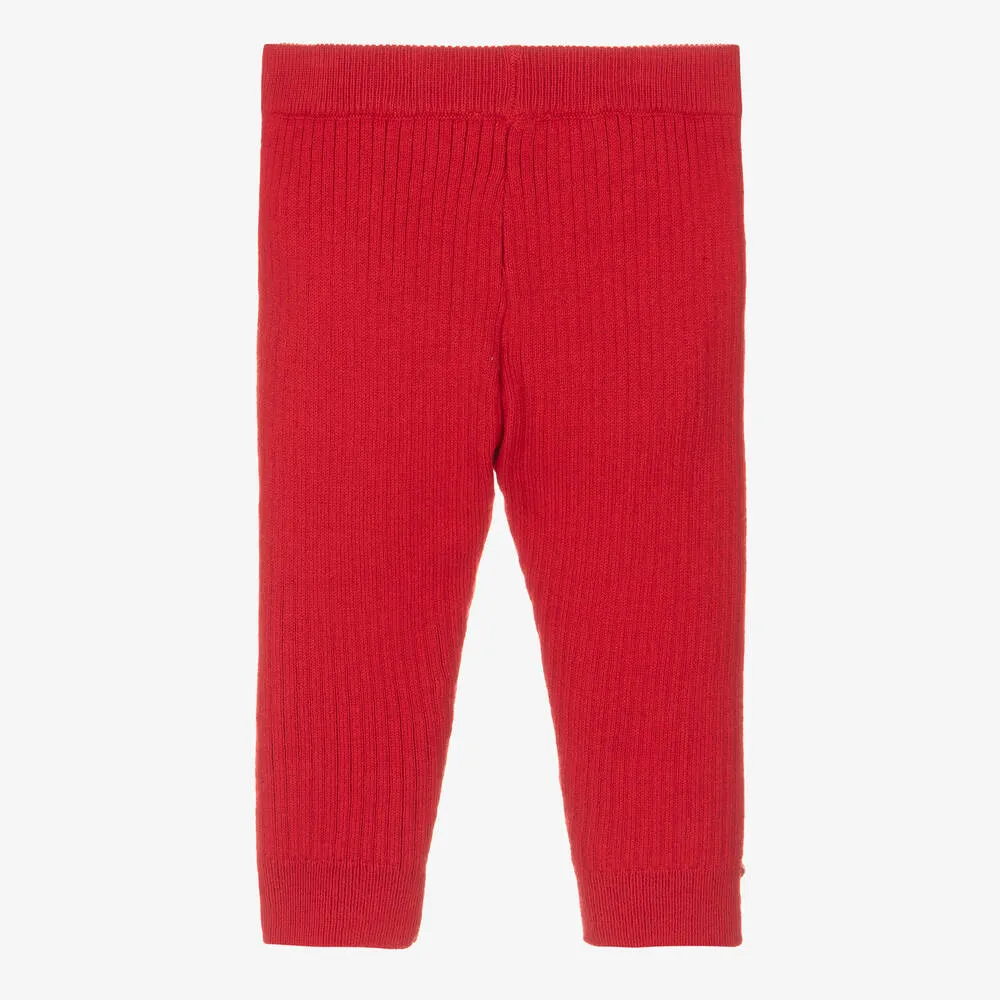 Girls Red Cotton Ribbed Knit Leggings