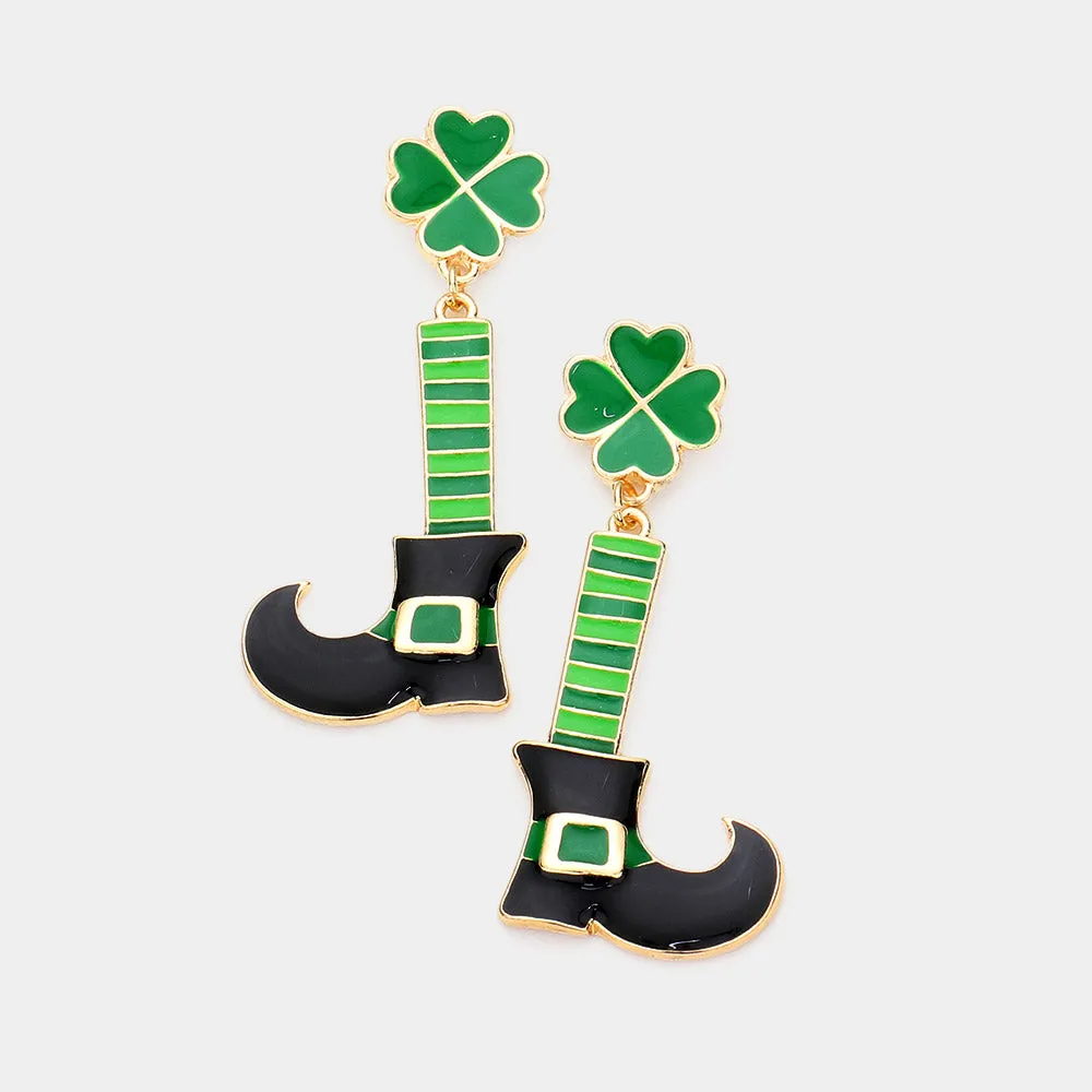 iLLASPARKZ St. Patrick's Day Enamel Metal Clover Shoes Dangle Earrings