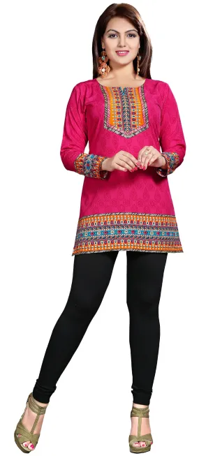 India Long Tunic Top Kurti Womens Printed Indian Apparel (Pink)