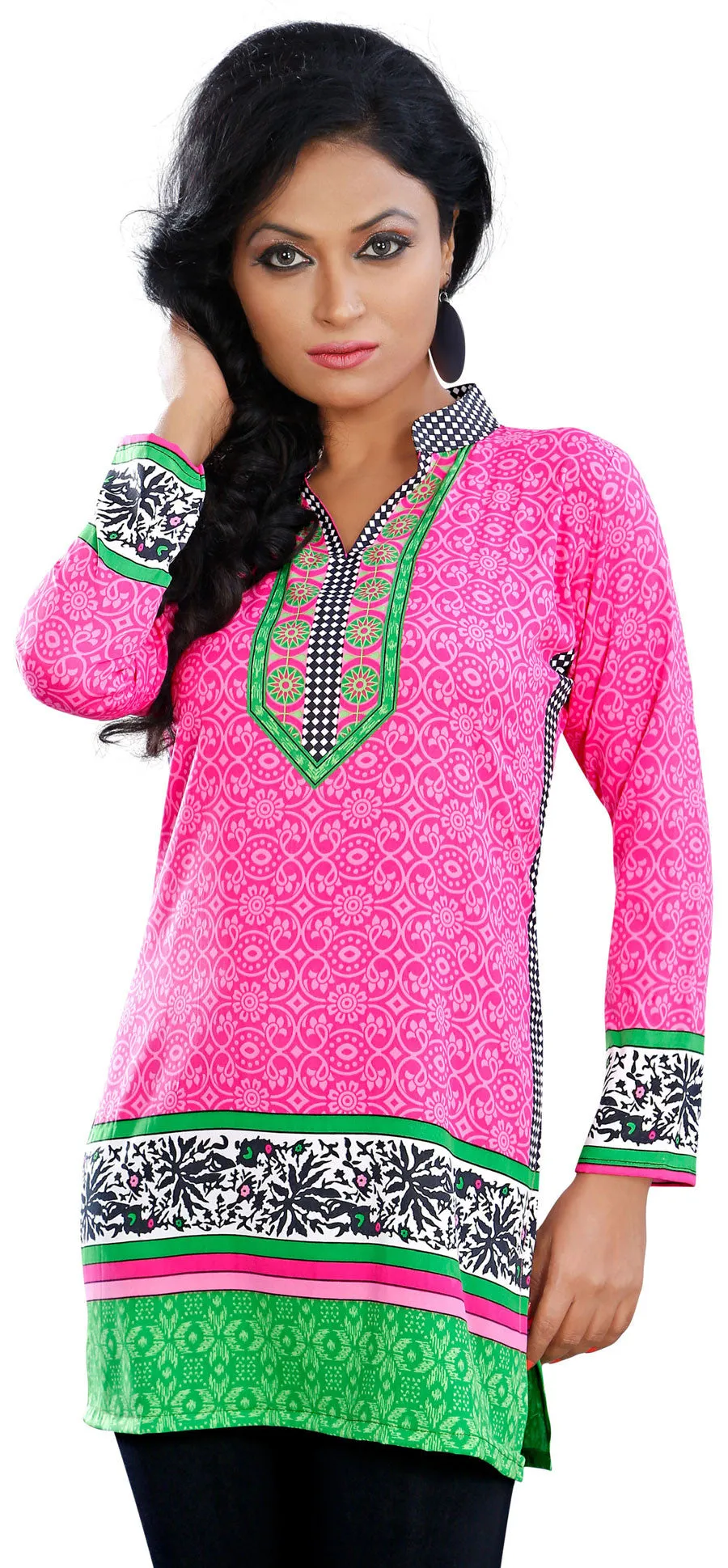 India Tunic Top Kurti Womens Printed Blouse Indian Apparel (Pink)