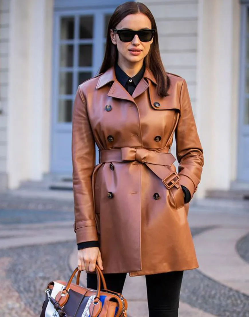 Irina Shayk Brown Leather Trench Coat | Women's Street Fashion Coat