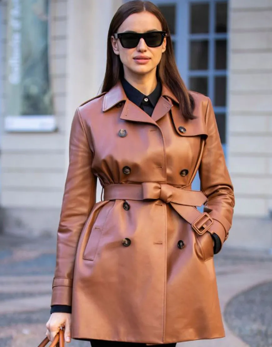 Irina Shayk Brown Leather Trench Coat | Women's Street Fashion Coat