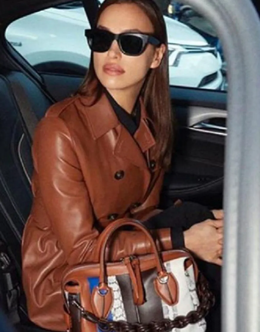 Irina Shayk Brown Leather Trench Coat | Women's Street Fashion Coat