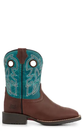 Justin Kids Bowline Junior Dark Brown and Blue Wide Square Toe Cowboy Boots