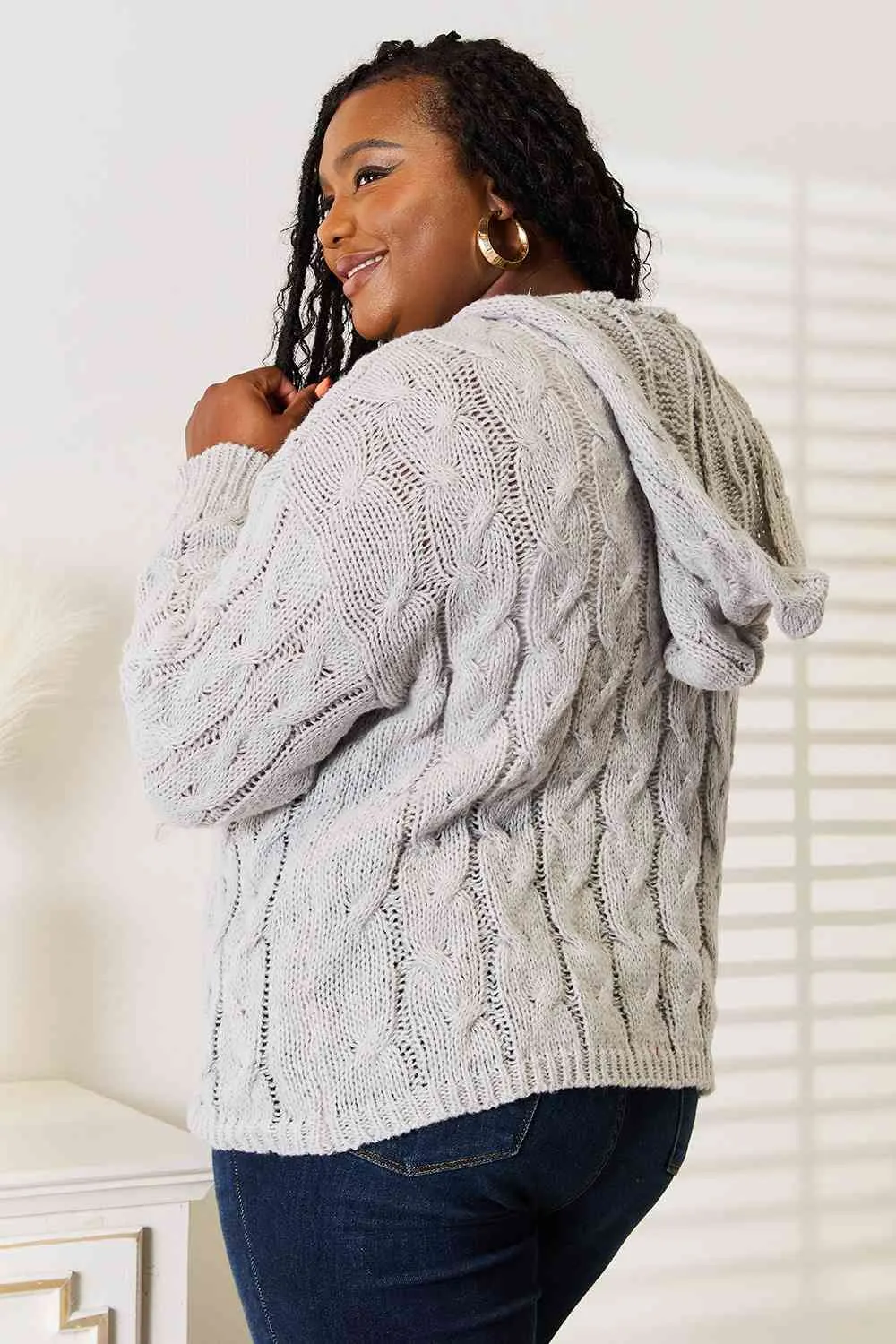 Light Gray Cable-Knit Hooded Sweater