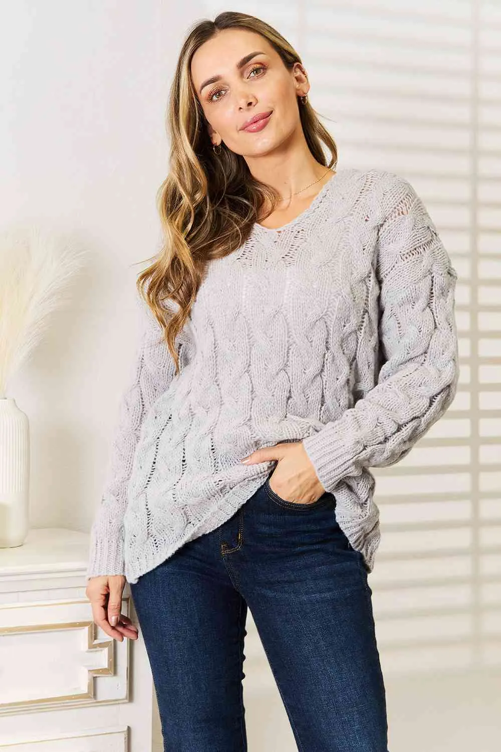 Light Gray Cable-Knit Hooded Sweater