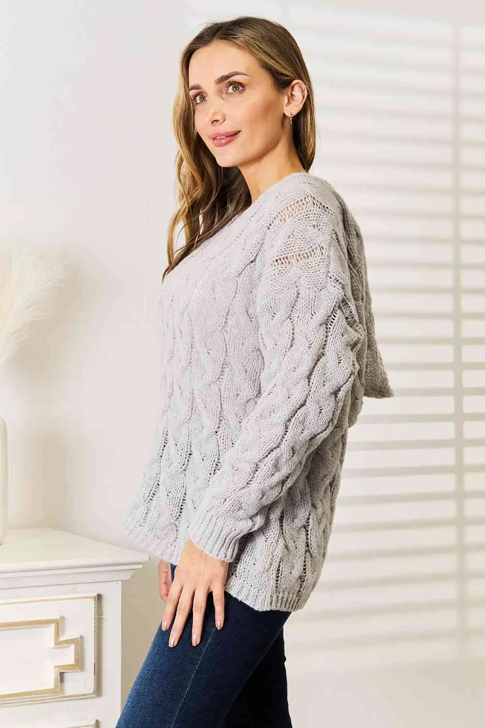 Light Gray Cable-Knit Hooded Sweater