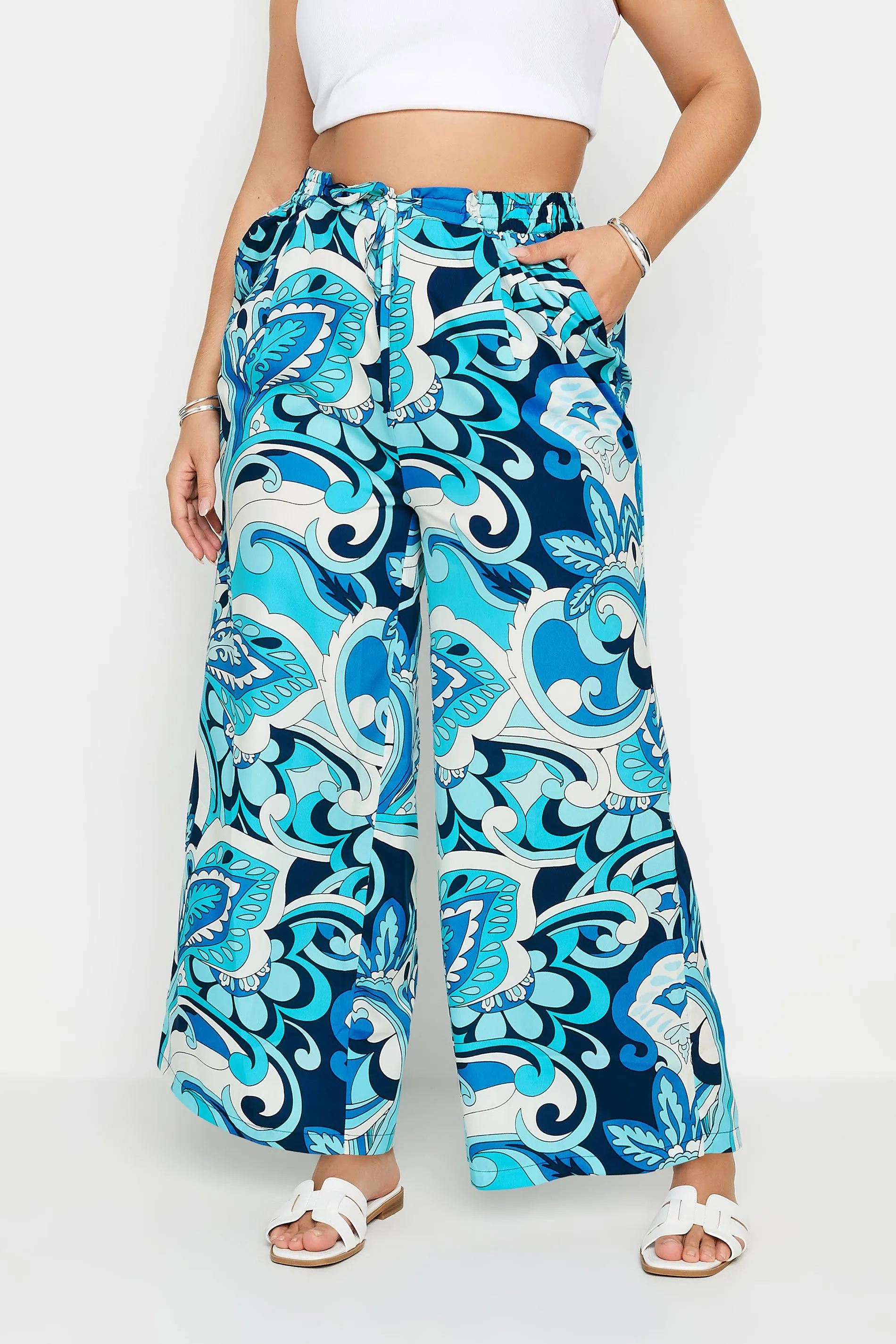 LIMITED COLLECTION Curve Blue Abstract Print Drawstring Wide Leg Trousers