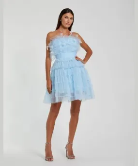 Mac Duggal Feathered Strapless Tulle Fit and Flare Dress In