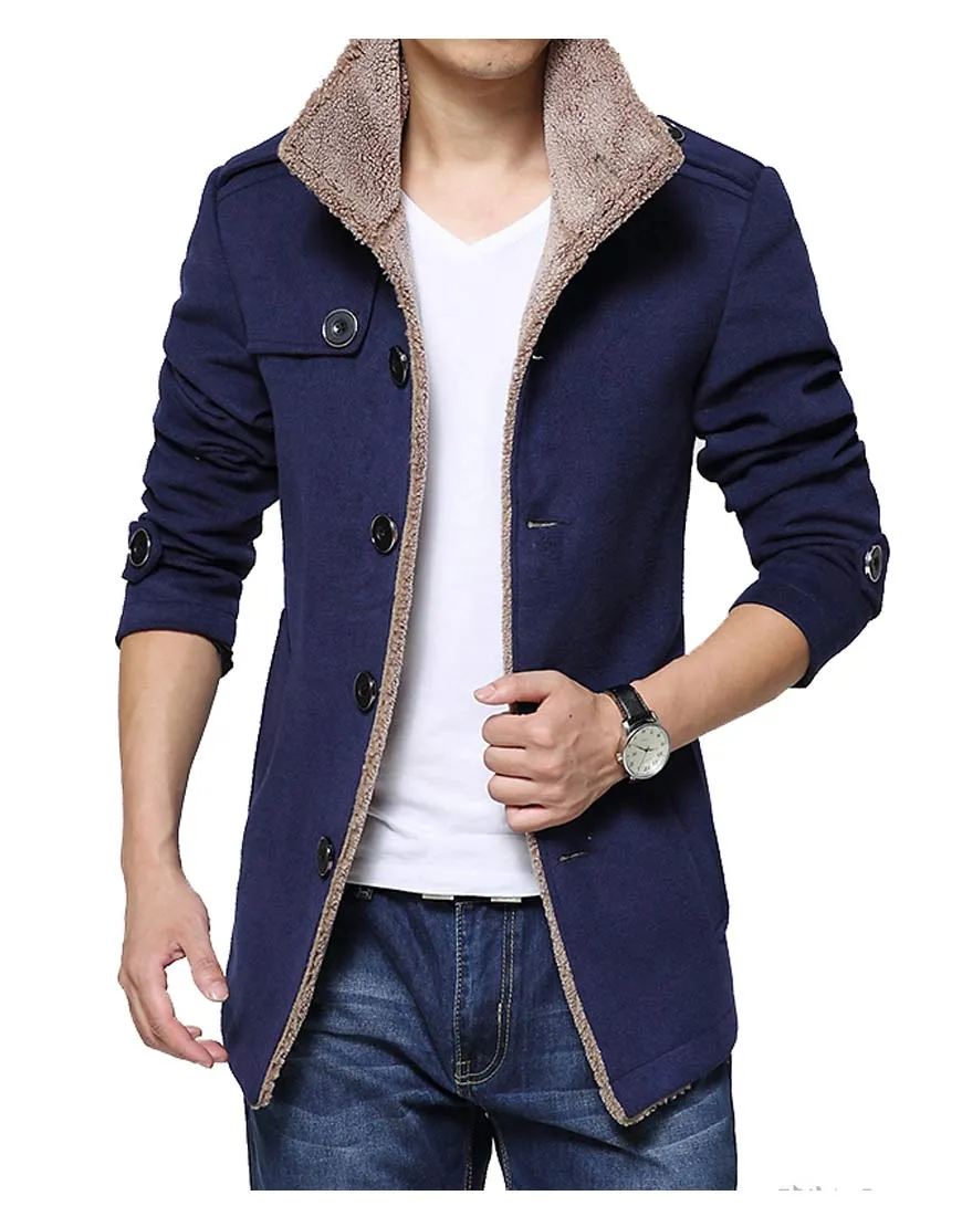 Men's Shearling Single Breasted Blue Wool Coat - UJackets