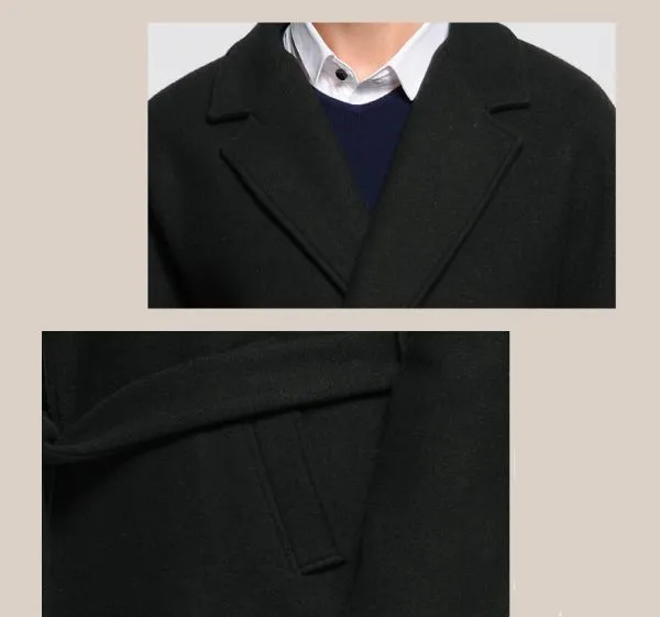 Men's long wool winter coat with closing matching belt