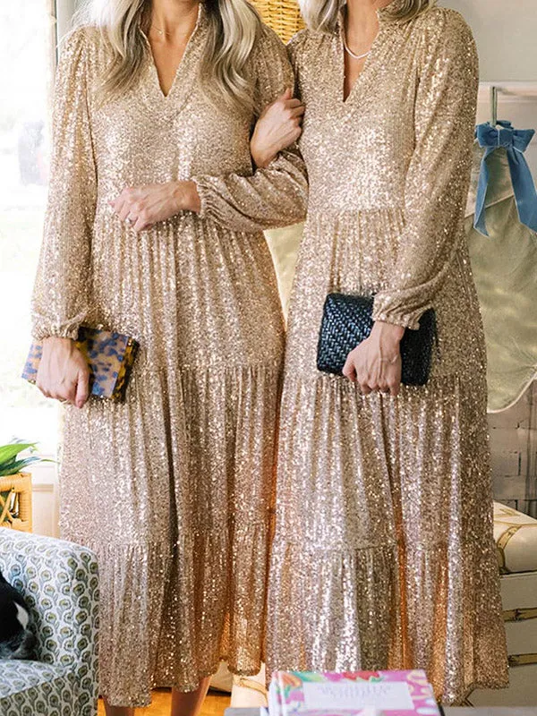 Momnfancy Elegant Champagne Sequin Sparkly Big Swing Flowy Party Babyshower Maternity Maxi Dress