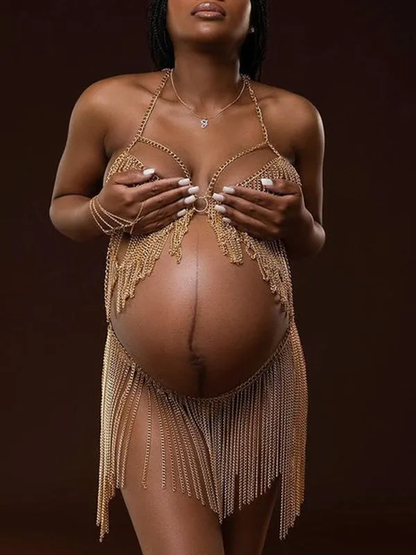 Momnfancy Gold Chain Tassel Crop 2-in-1 Glitter Sparkly Bikini Cover-ups Photoshoo Maternity Mini Dress