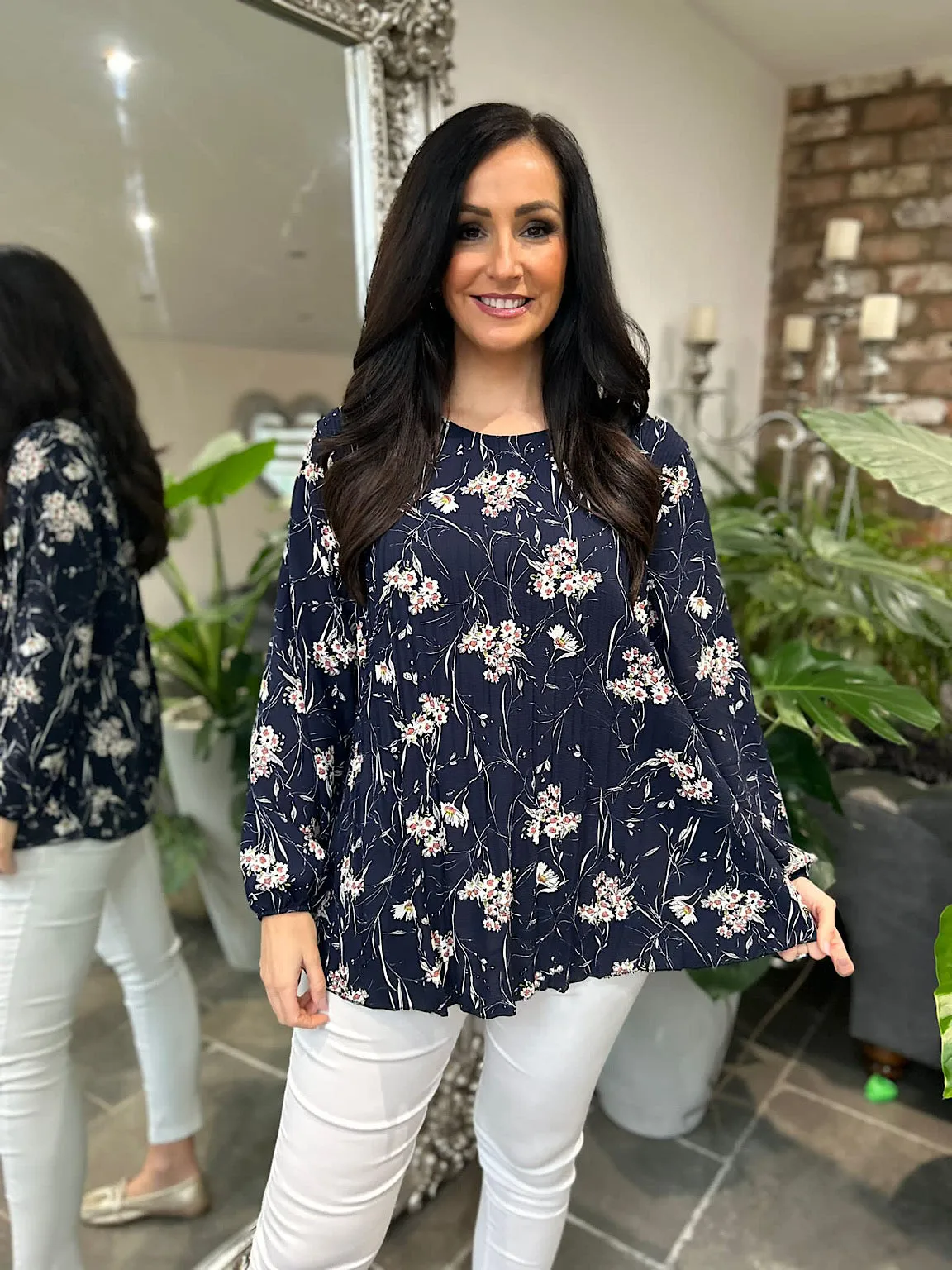 Navy Ditsy Floral Pleated Blouse Evie